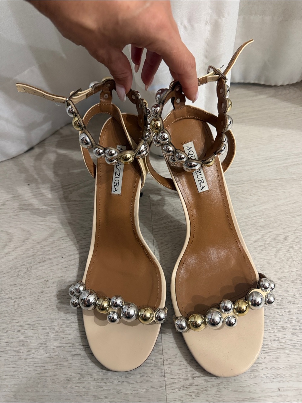 Aquazzura Nude Leather Ankle-Strap Sandals with Mixed Metal Beading